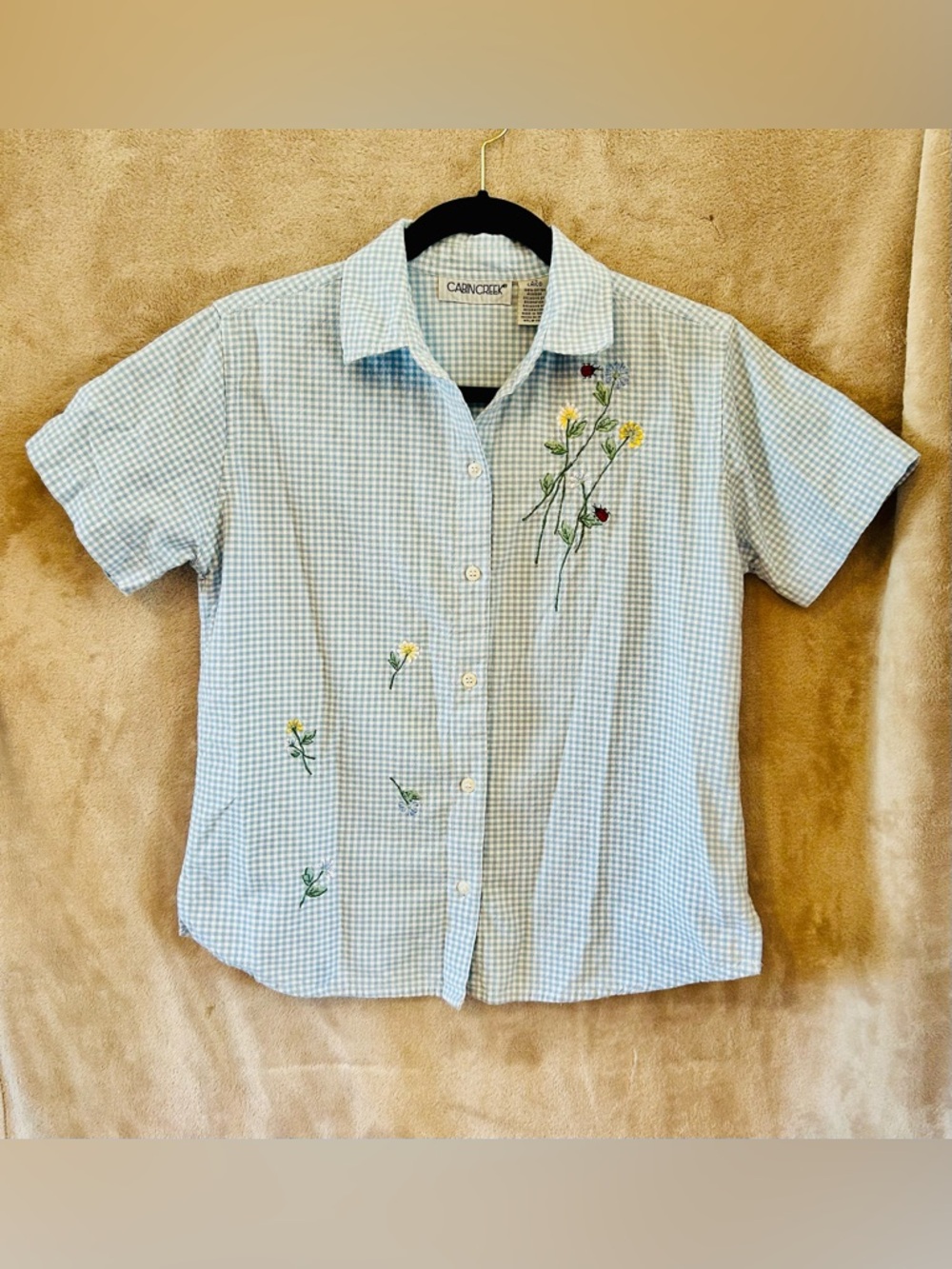 Cabin Creek Petite Blue Gingham Floral Embroidered Button Shirt PS